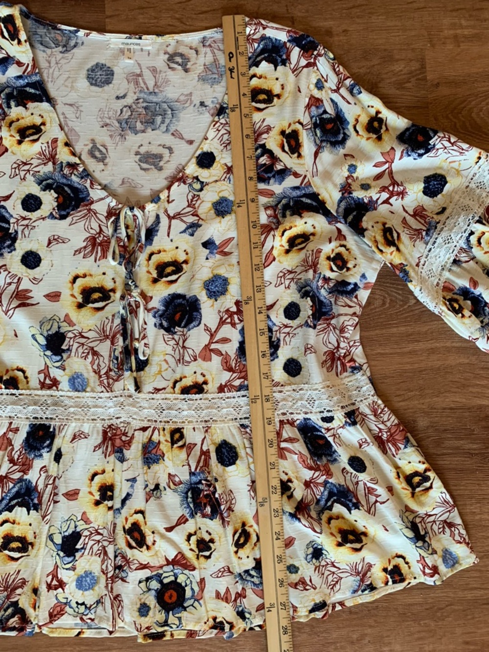 Maurices NWOT Floral Babydoll Peplum Boho Peasant Top 1X Lace Trim Cream Blue - Picture 10 of 14